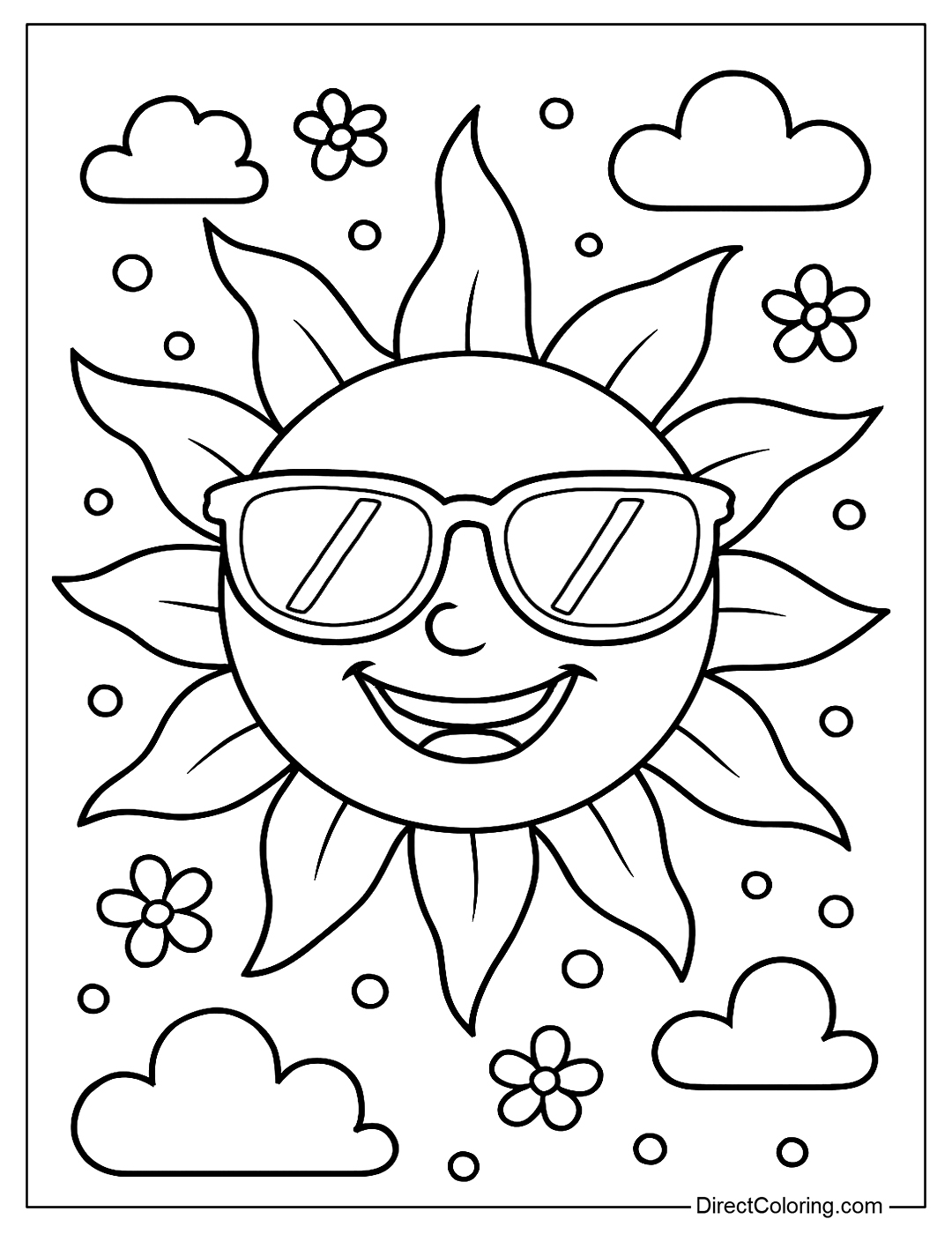 coloring page Summer sun wearing sunglasses and smiling brightly.